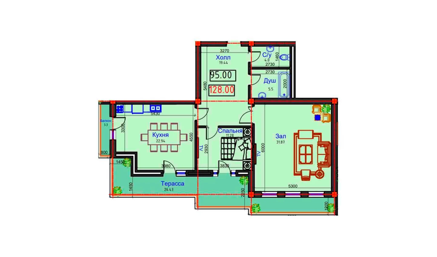 2-комнатная квартира 128 м²  8/8 этаж