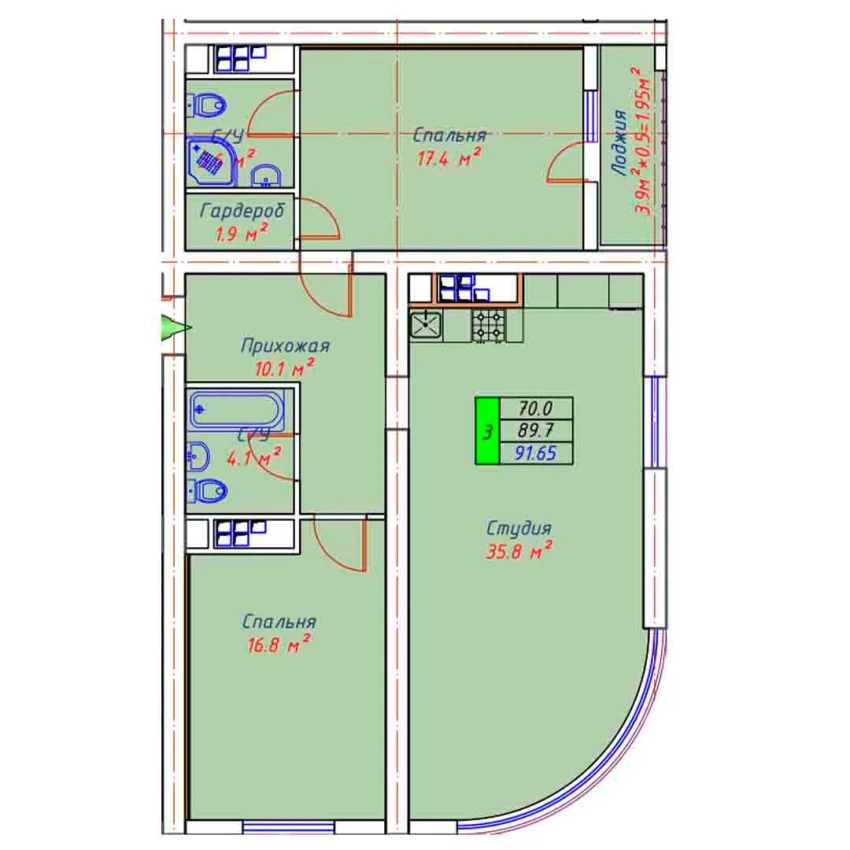 3-xonali xonadon 91.65 m²  28/30 qavat | ECO TOWER Turar-joy majmuasi