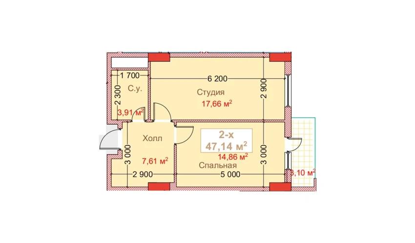 2-комнатная квартира 47.14 м²  8/8 этаж