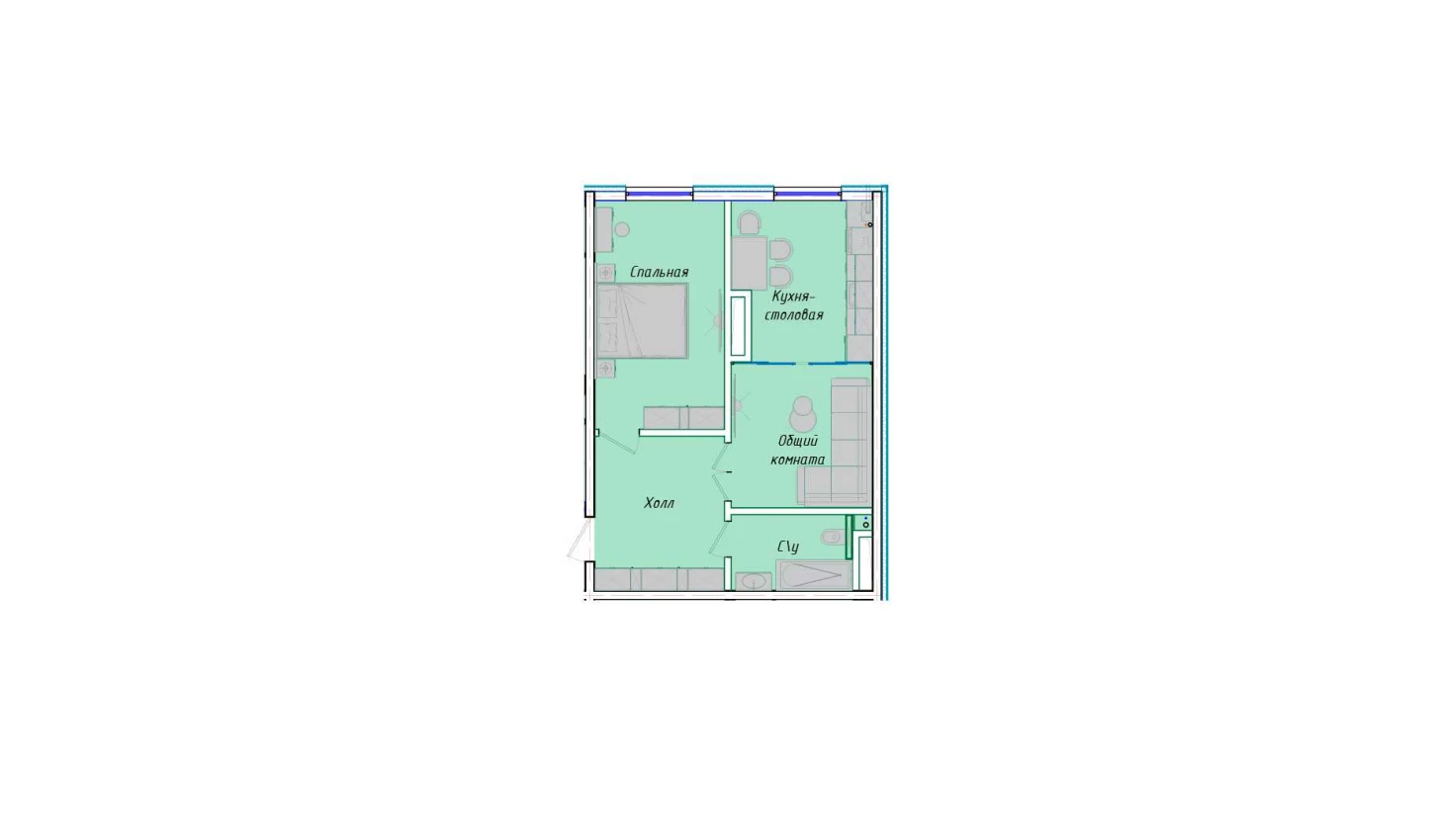 2-комнатная квартира 50.85 м²  1/1 этаж