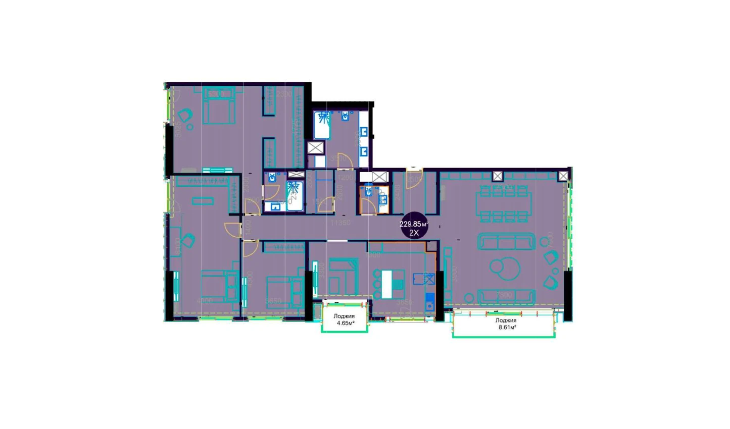 2-комнатная квартира 229.85 м²  22/22 этаж