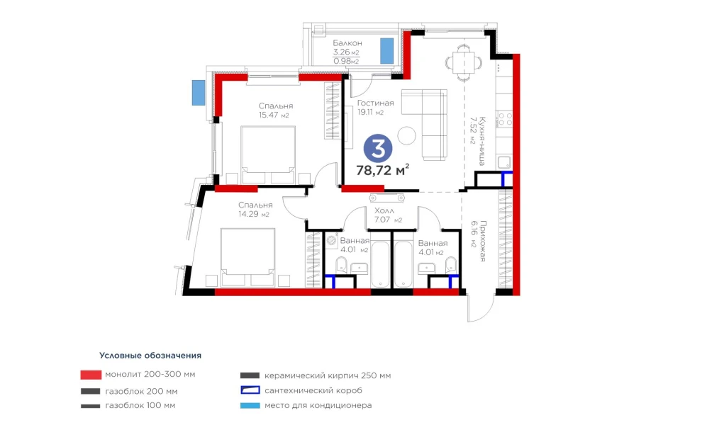 3-комнатная квартира 78.72 м²  9/9 этаж