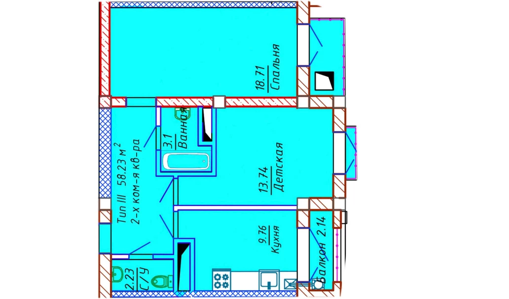 2-комнатная квартира 58.23 м²  6/6 этаж