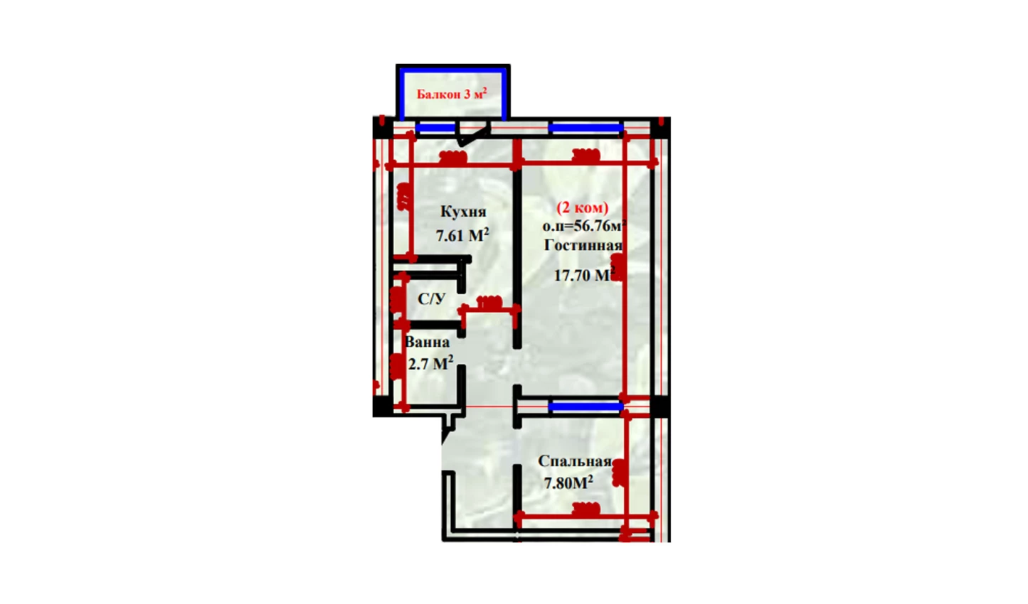 2-xonali xonadon 56.76 m²  2-9/2-9 qavat