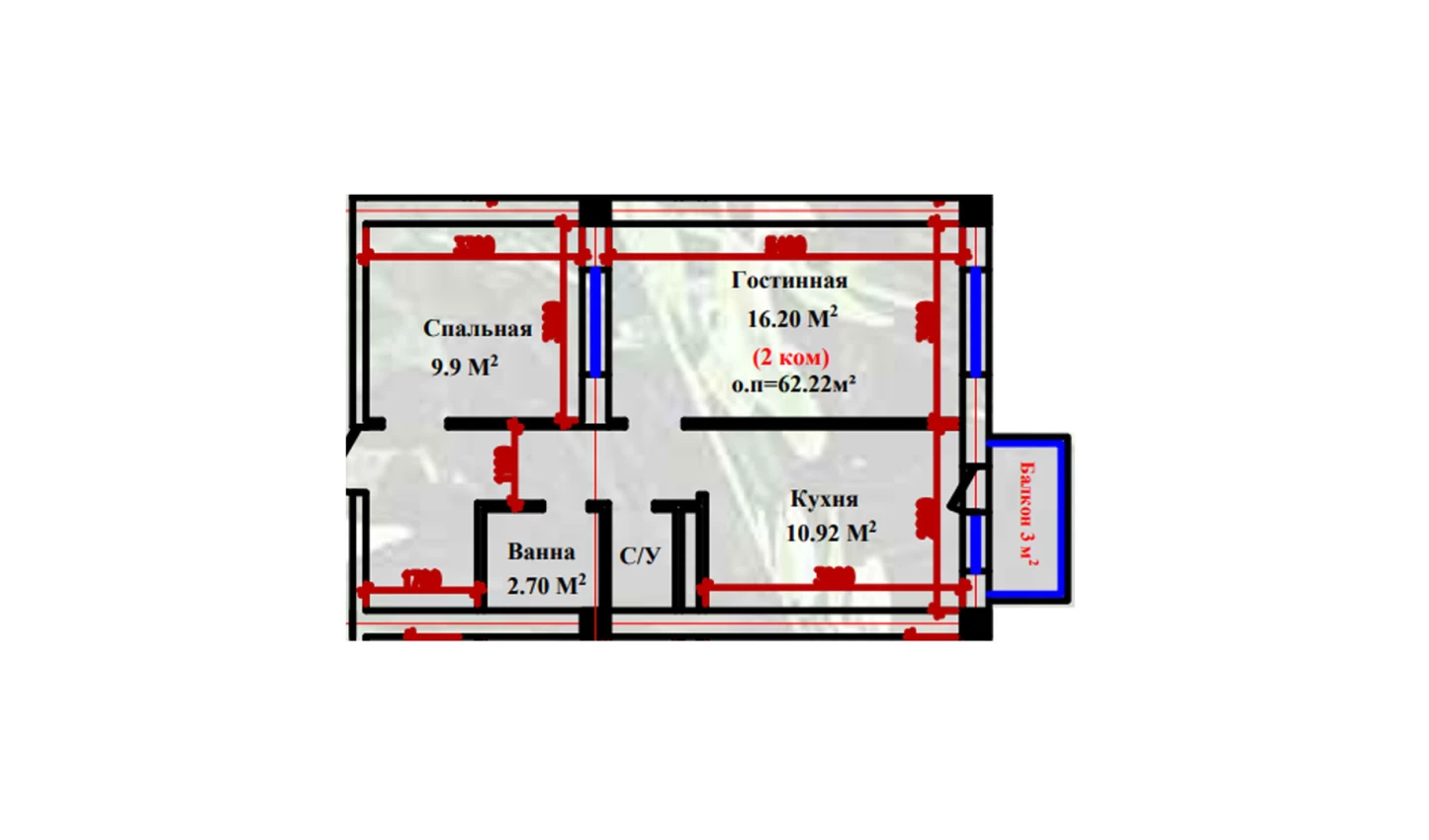 2-xonali xonadon 62.22 m²  2-9/2-9 qavat