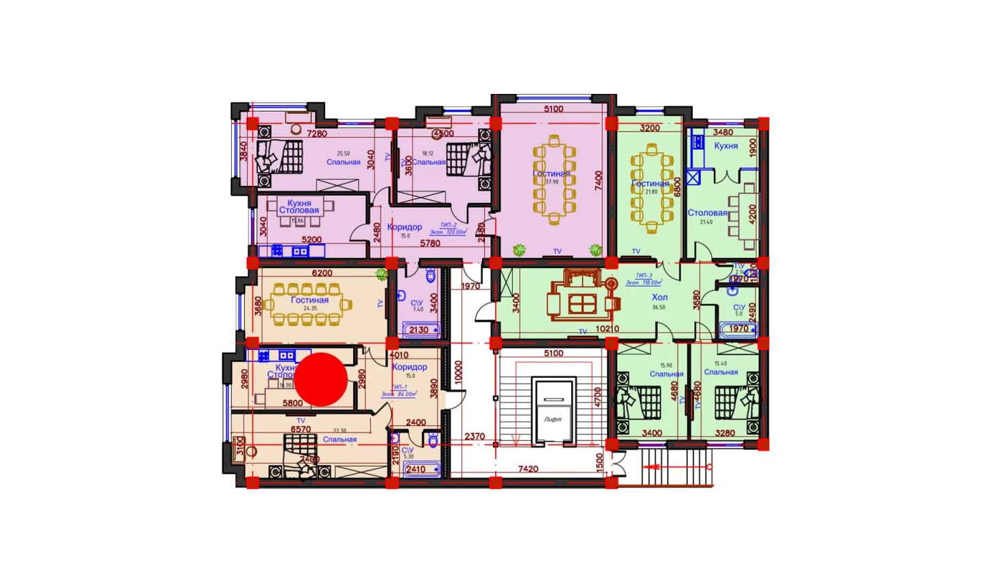 3-комнатная квартира 84 м²  1/1 этаж