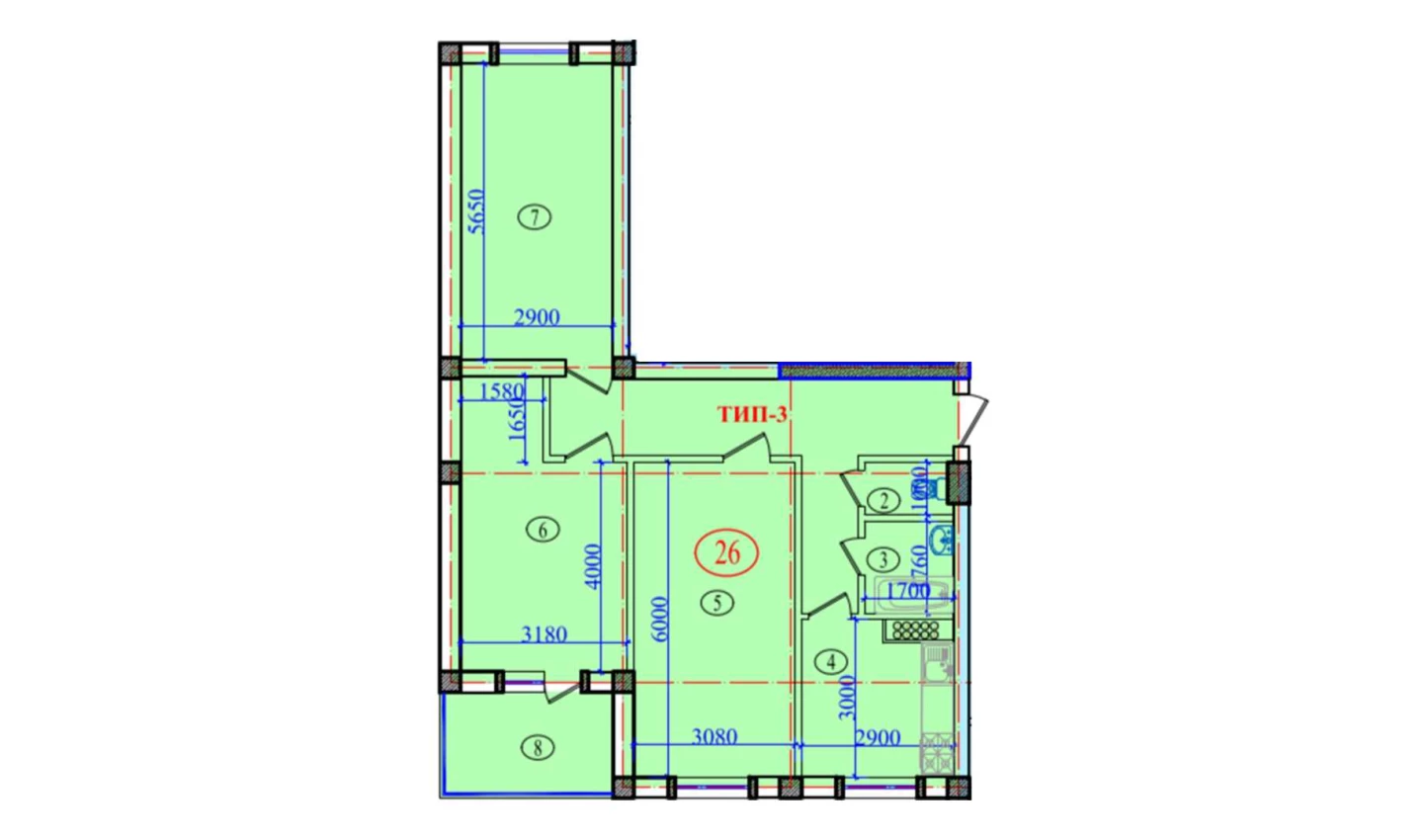 3-комнатная квартира 97.4 м²  6/6 этаж