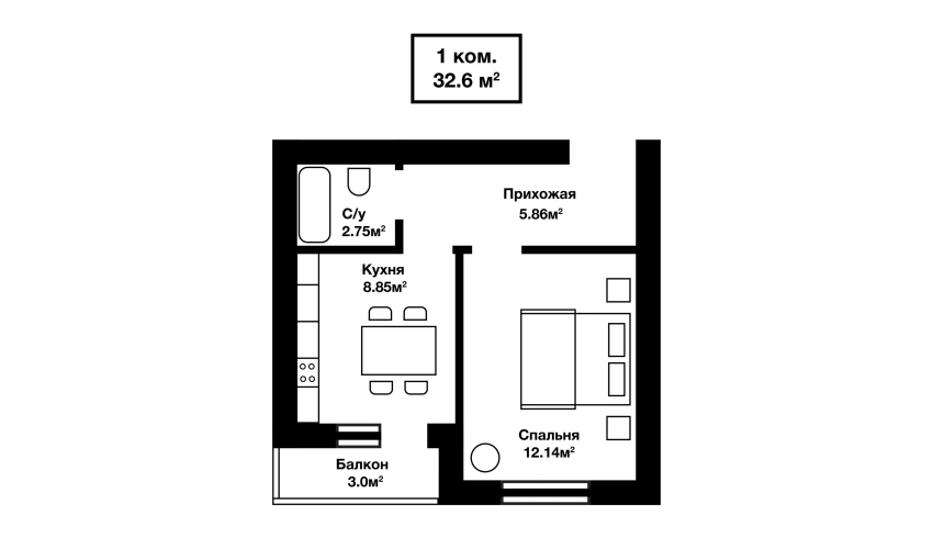 1-комнатная квартира 30.6 м²  4/4 этаж