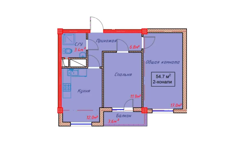 2-xonali xonadon 54.7 m²  4/4 qavat