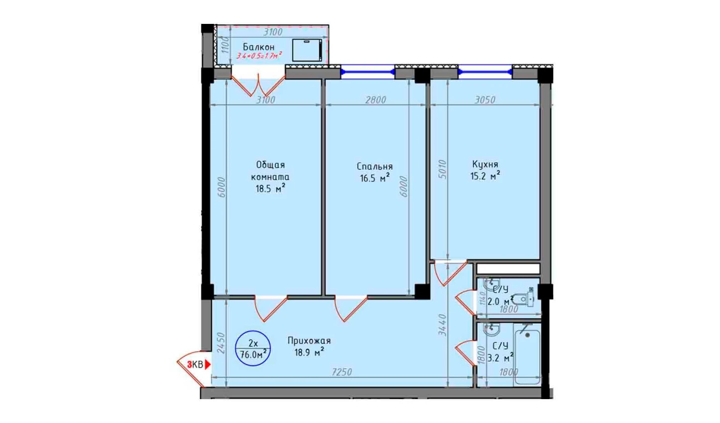 2-комнатная квартира 76 м²  5/5 этаж