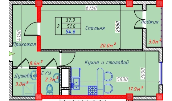 2-комнатная квартира 54.6 м²  5/5 этаж