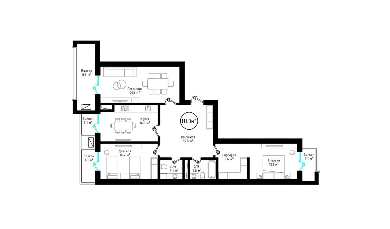 3-комнатная квартира 111.8 м²  6/6 этаж