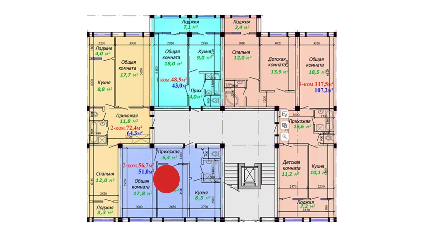 2-xonali xonadon 56.7 m²  1/1 qavat