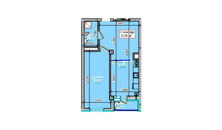 2-комнатная квартира 53.28 м²  2/9 этаж | Жилой комплекс Aero Town