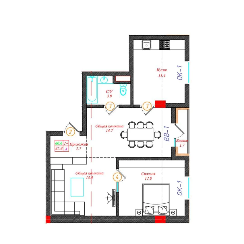 2-комн. квартира 62.6 м²  6/12 этаж | Жилой комплекс CHINARA PARK