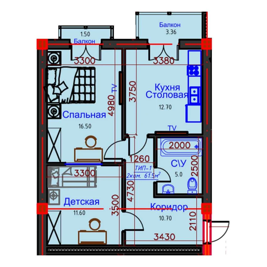 2-комнатная квартира 61.5 м²  10/10 этаж