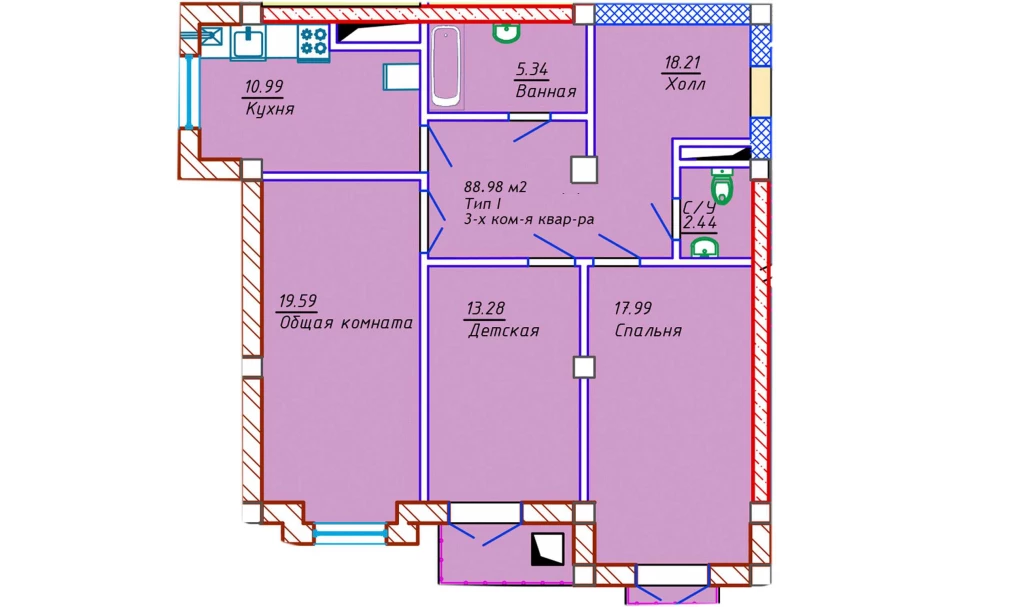 3-комн. квартира 88.98 м²  3/10 этаж | Жилой комплекс Samarqand Park Avenue