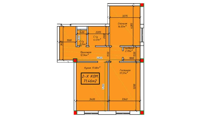 2-комнатная квартира 71.46 м²  3/4 этаж | Жилой комплекс SABZAVOT CITY