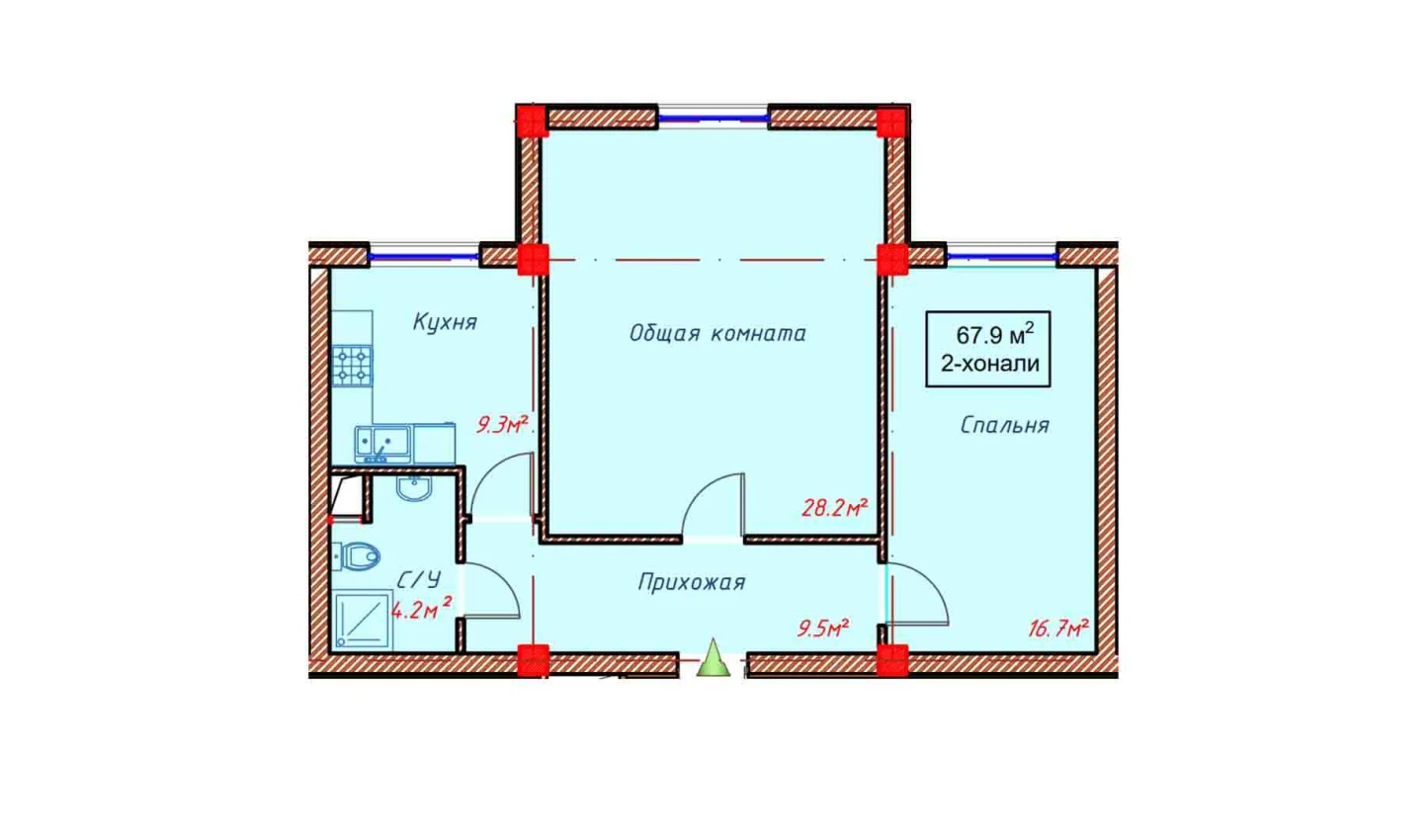 2-комнатная квартира 67.9 м²  1/1 этаж