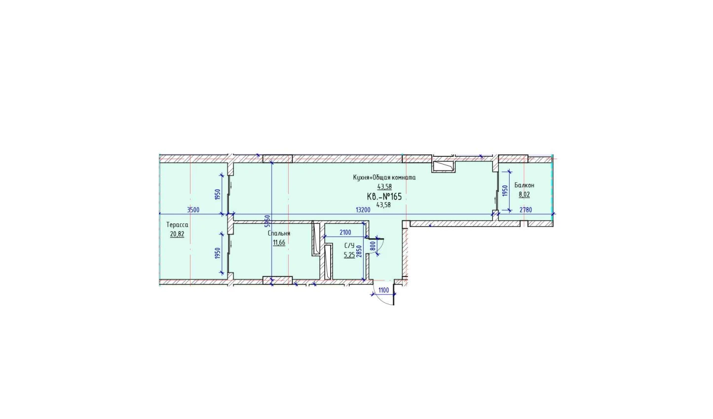 1-xonali xonadon 43.58 m²  17/17 qavat