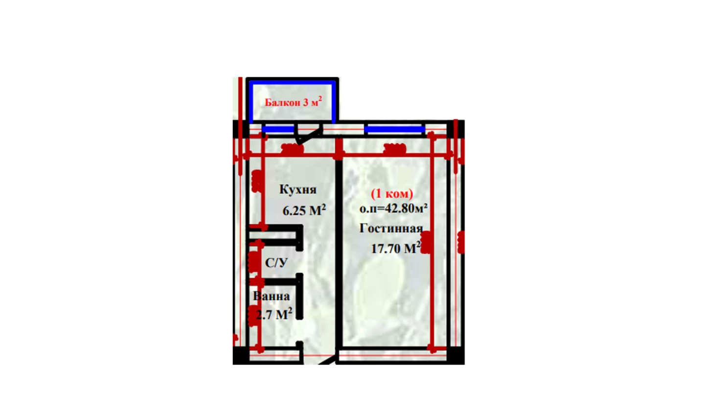 1-xonali xonadon 42.8 m²  2-9/2-9 qavat