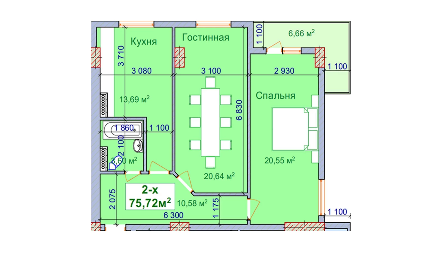 2-xonali xonadon 69.06 m²  9/9 qavat