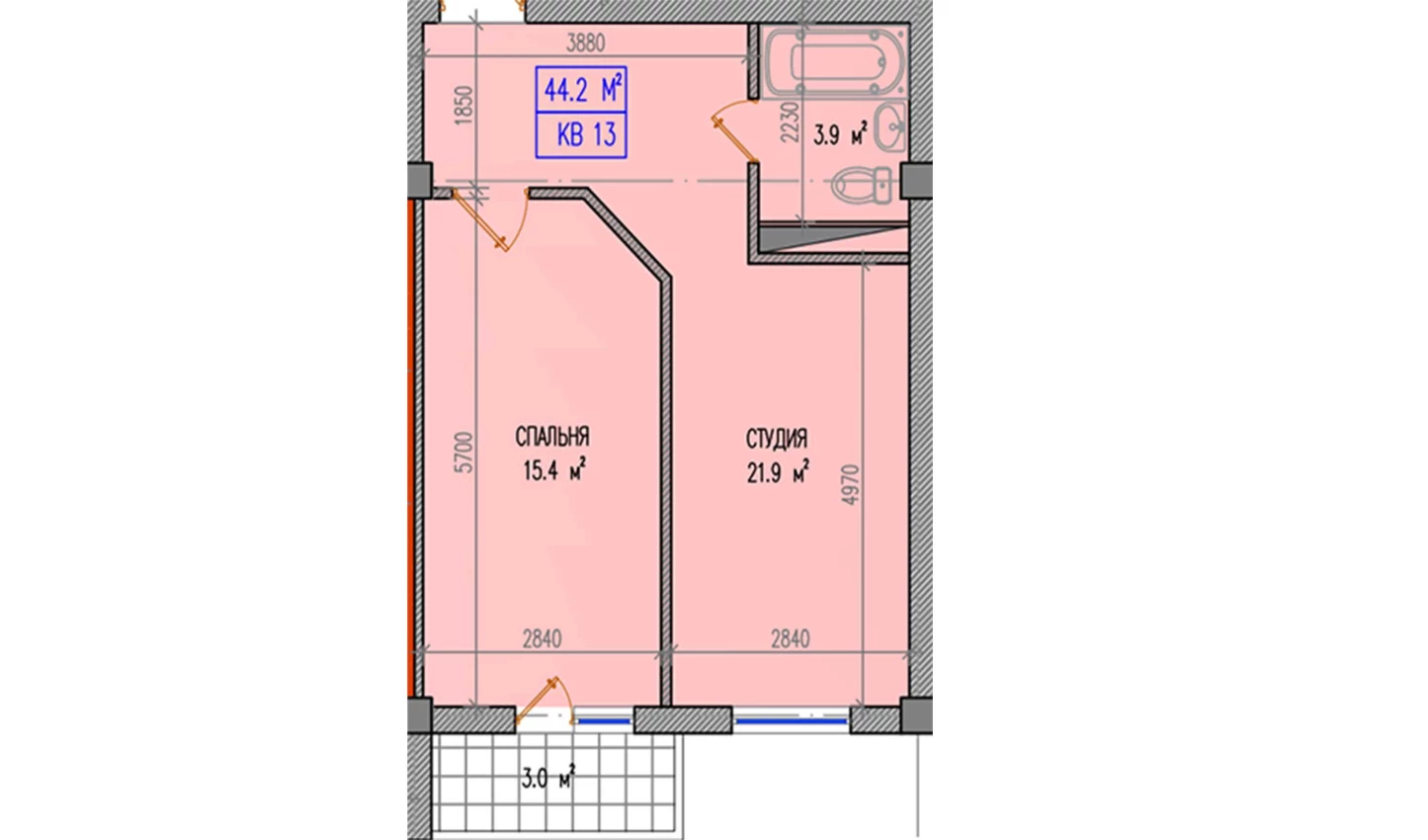 2-комнатная квартира 44.2 м²  2/2 этаж