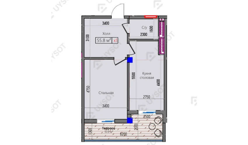 1-комнатная квартира 55.8 м²  2/16 этаж | Жилой комплекс Park Avenue