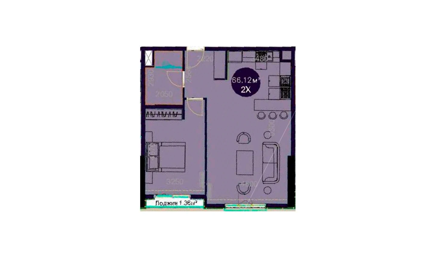 2-комнатная квартира 66.12 м²  2/2 этаж