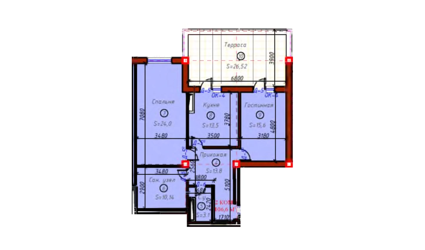 2-xonali xonadon 106.6 m²  9/9 qavat