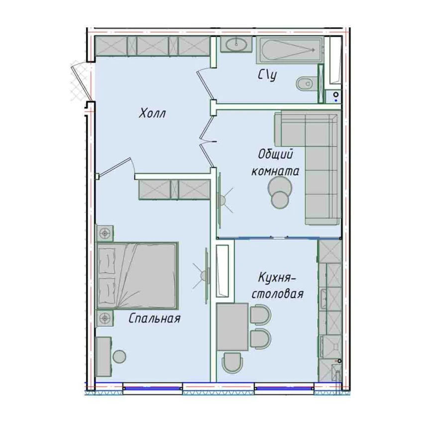 2-комнатная квартира 50.85 м²  1/1 этаж