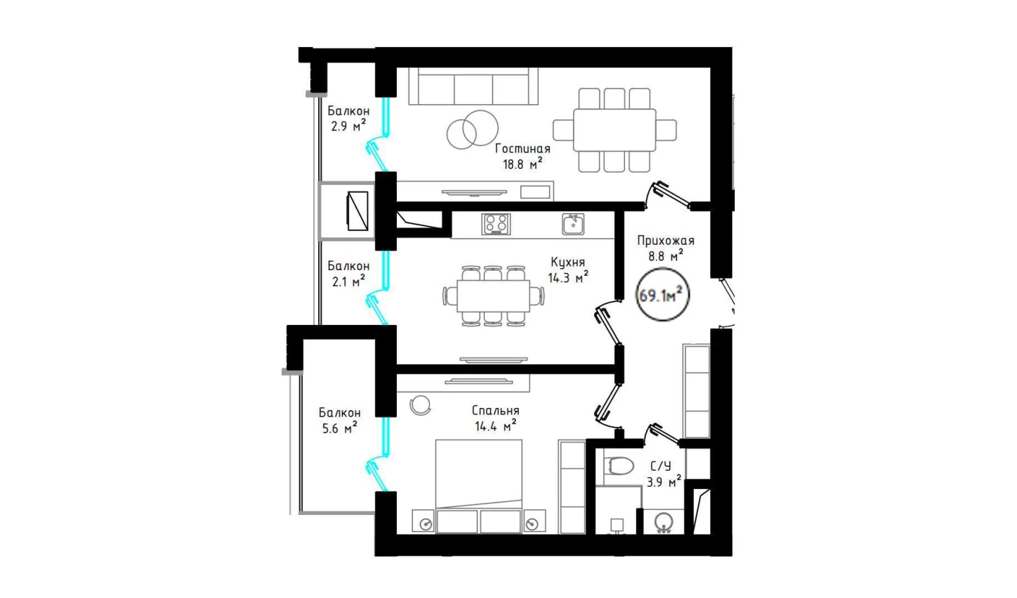 2-xonali xonadon 69.1 m²  7/7 qavat