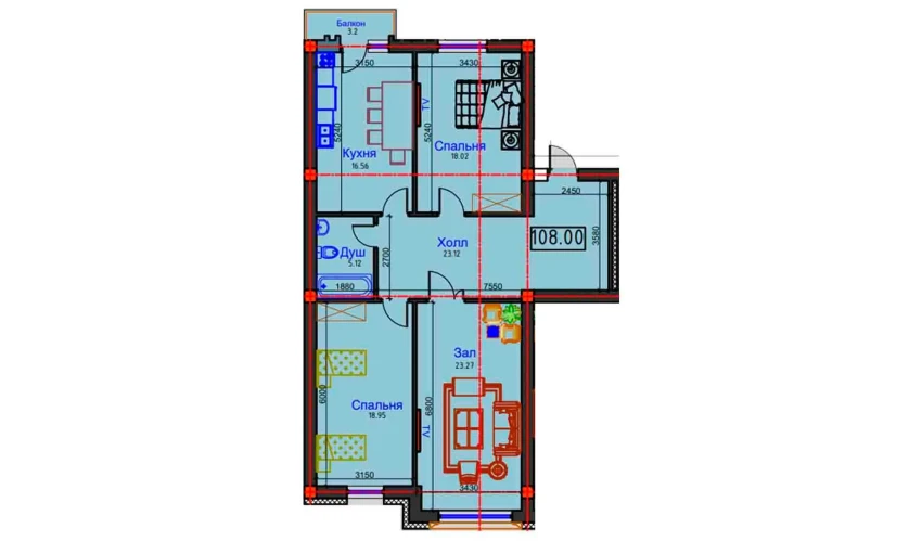 3-комнатная квартира 108 м²  2/9 этаж | Жилой комплекс BAHOR