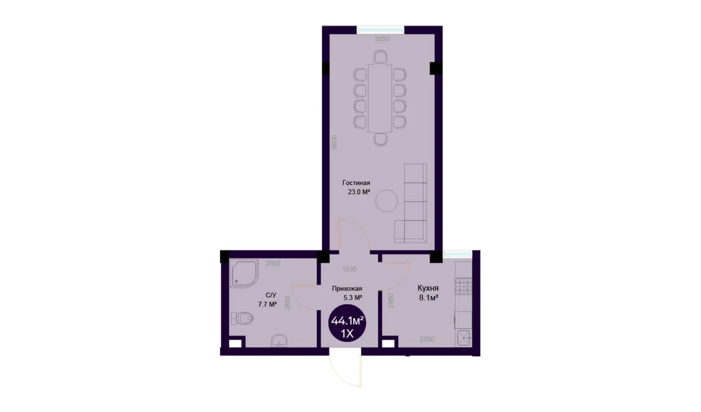 1-комнатная квартира 44.1 м²  1/1 этаж