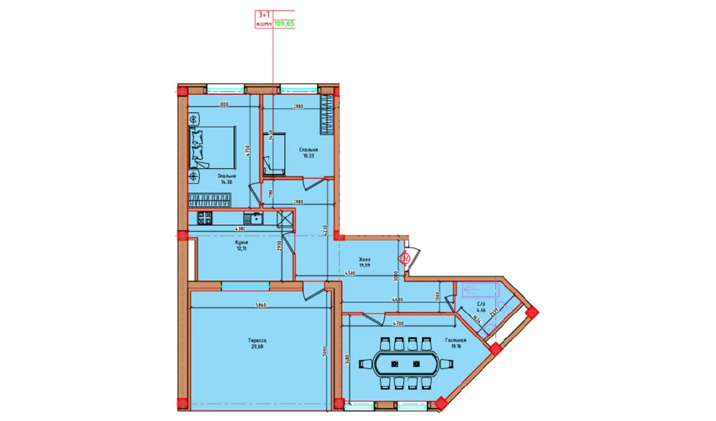 3-xonali xonadon 109.65 m²  8/8 qavat