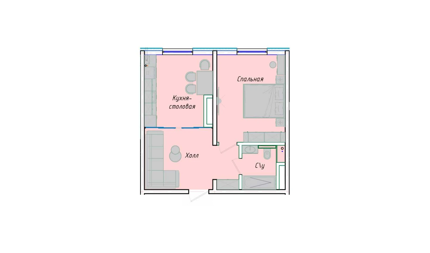 1-комнатная квартира 43.98 м²  1/1 этаж