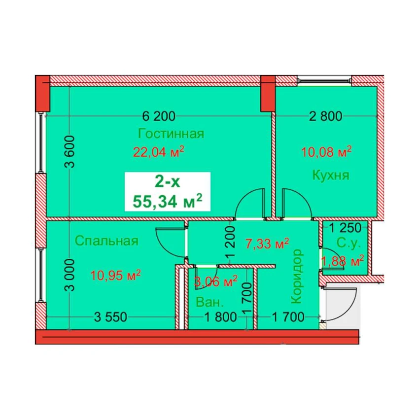 2-комн. квартира 55.34 м²  2/8 этаж | Жилой комплекс CAPITAL AVENUE