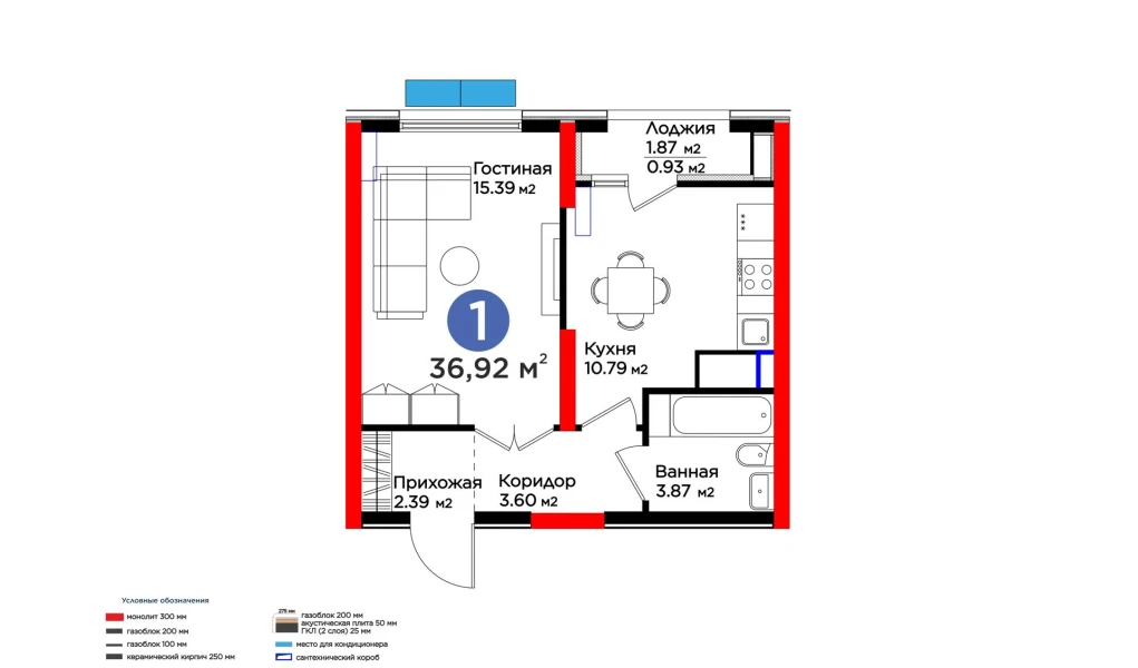 1-комнатная квартира 36.92 м²  8/8 этаж