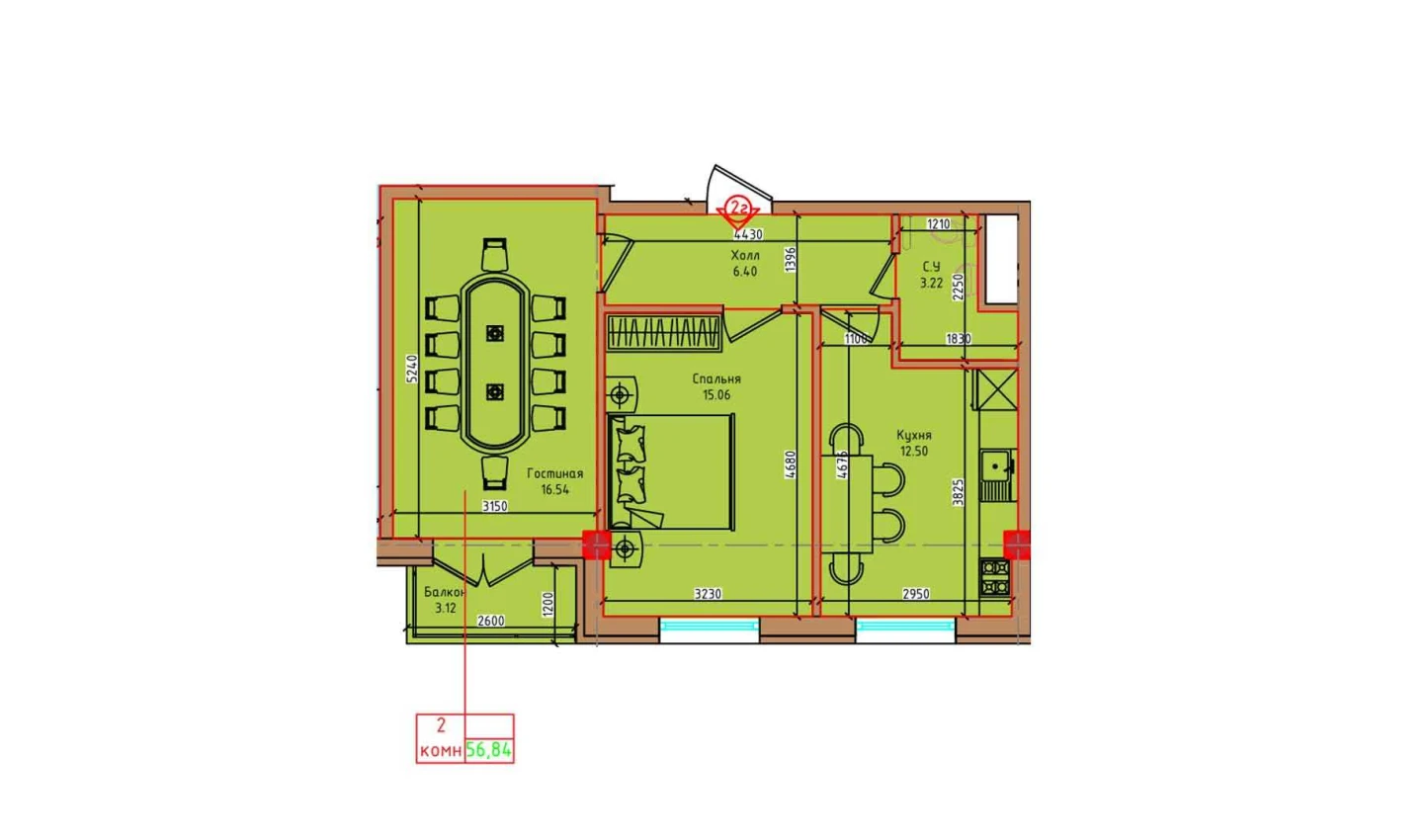 2-xonali xonadon 53.72 m²  2/2 qavat