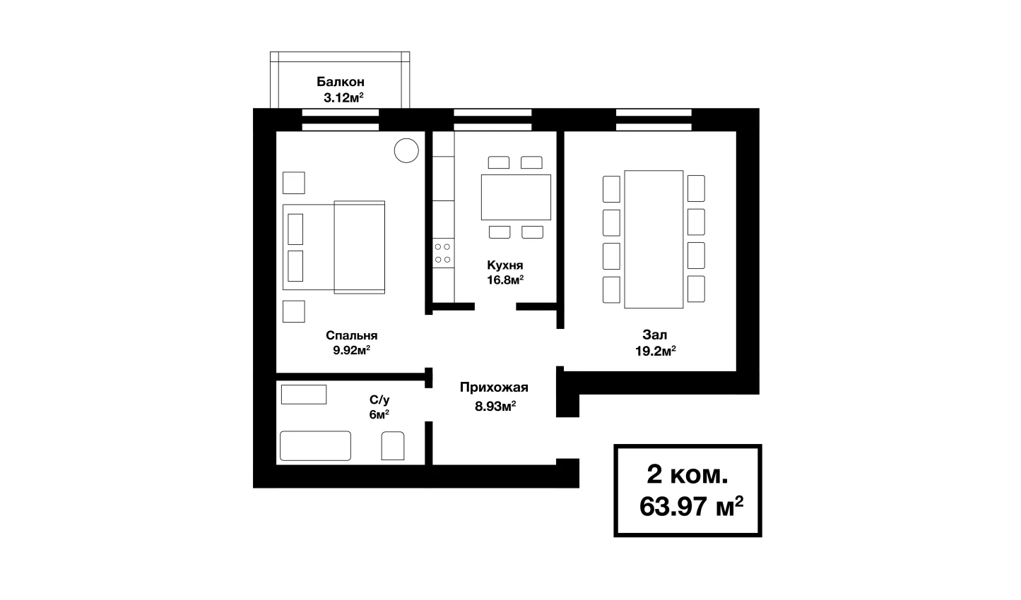 1-комнатная квартира 60.85 м²  3/3 этаж