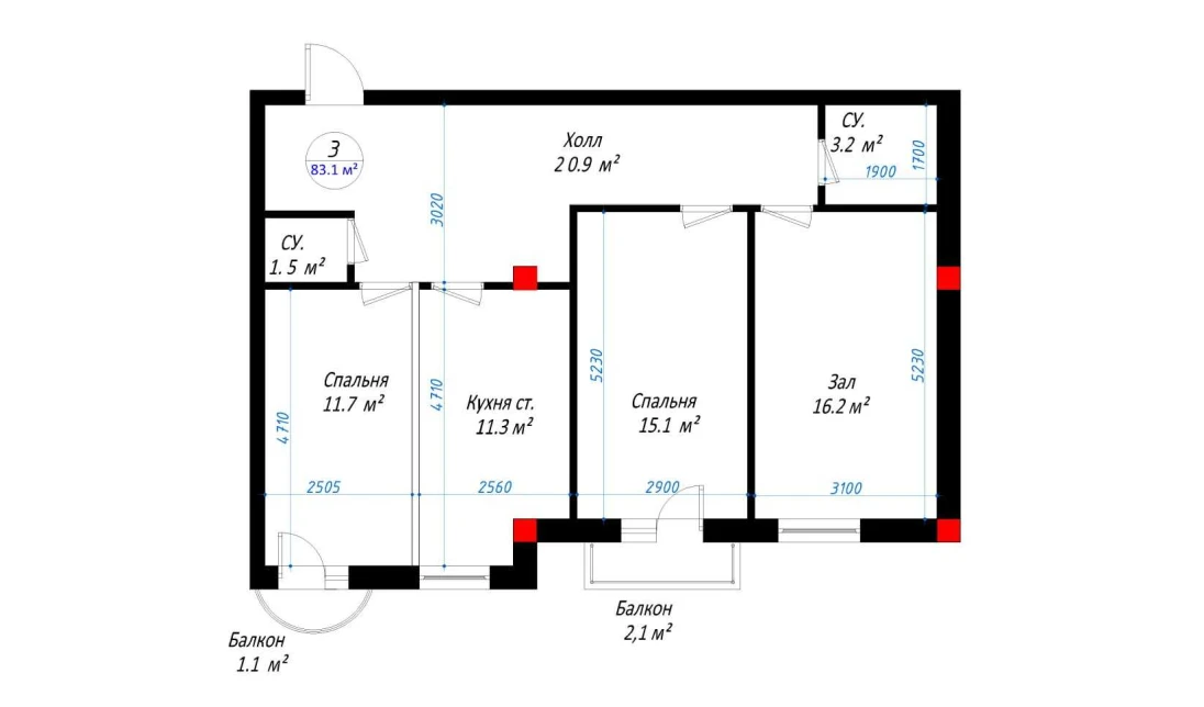 3-xonali xonadon 83 m²  6/6 qavat