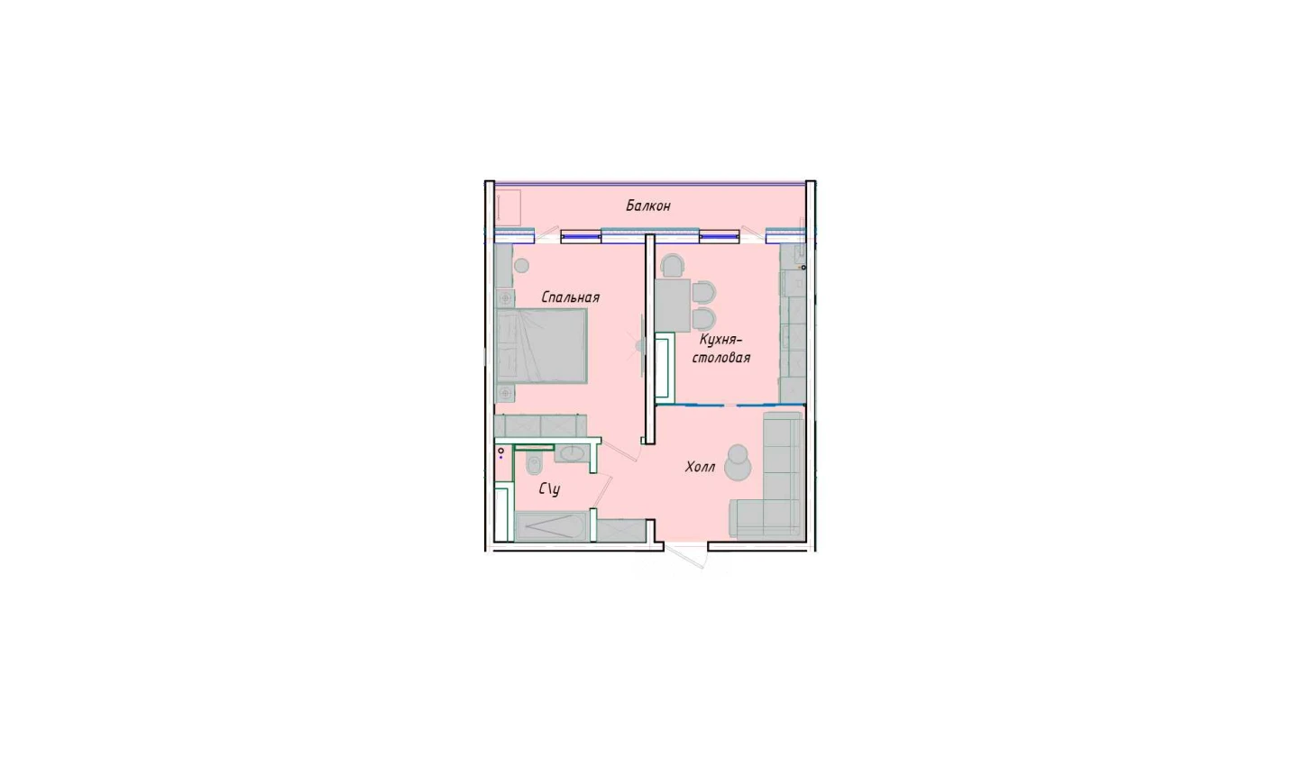 1-комнатная квартира 52.38 м²  2/2 этаж