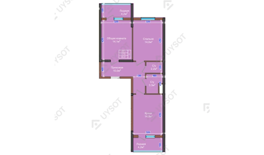 2-xonali xonadon 66 m²  2/9 qavat | NUR HAYAT Turar-joy majmuasi