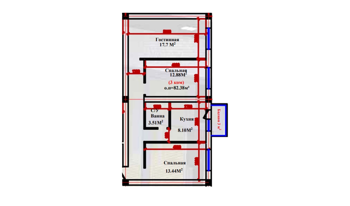 3-xonali xonadon 82.38 m²  2-9/2-9 qavat