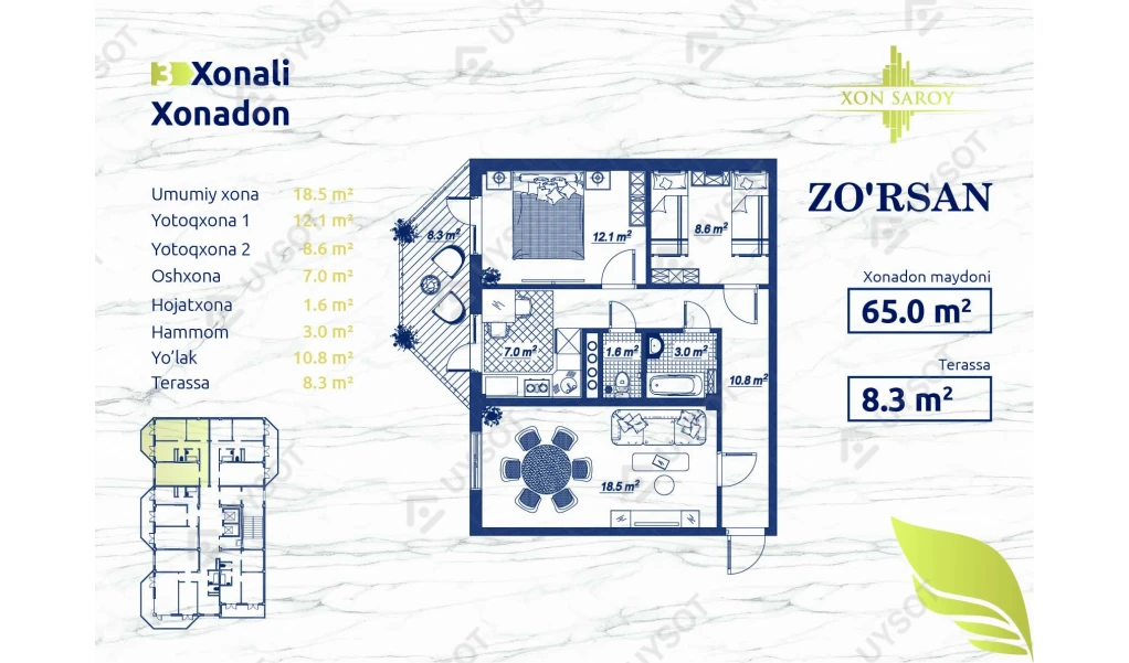 3-xonali xonadon 65 m²  15/15 qavat