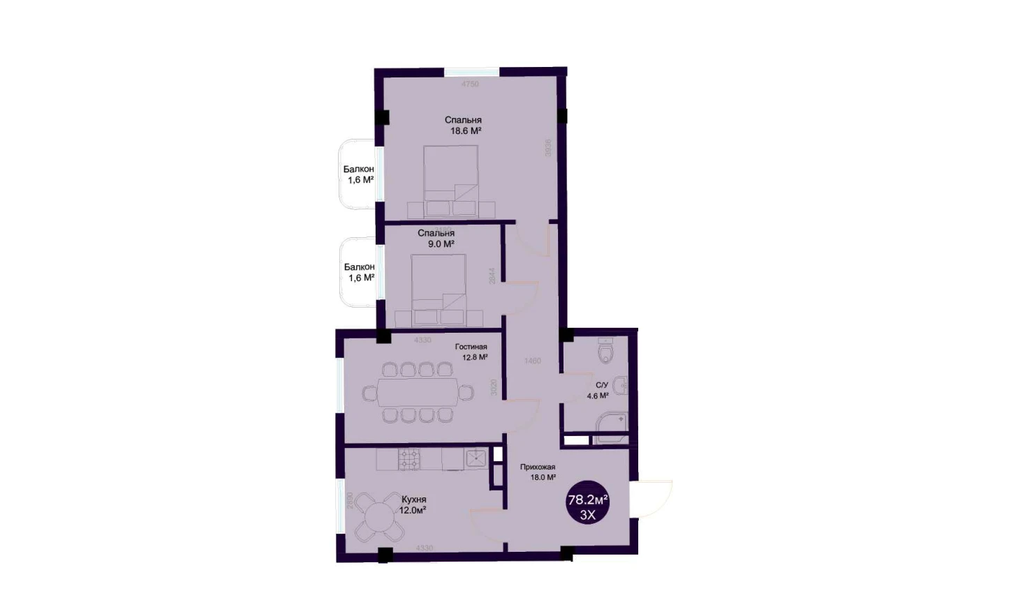 3-комнатная квартира 78.2 м²  3/3 этаж