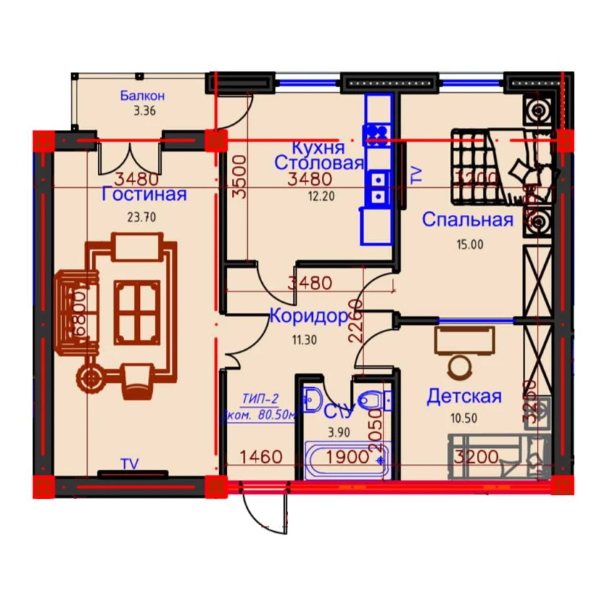 3-комнатная квартира 80.5 м²  10/10 этаж