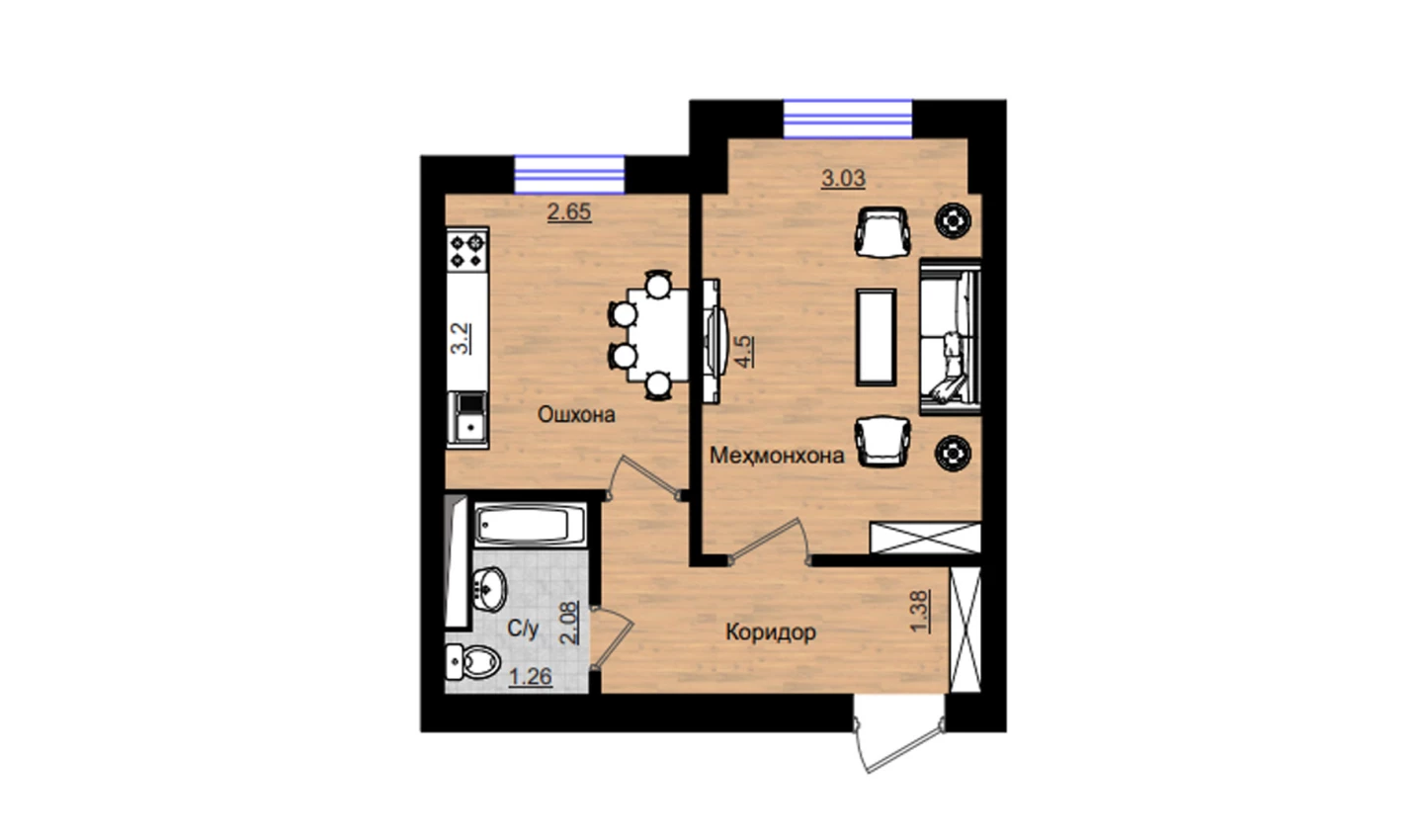 1-комнатная квартира 36.89 м²  1/1 этаж