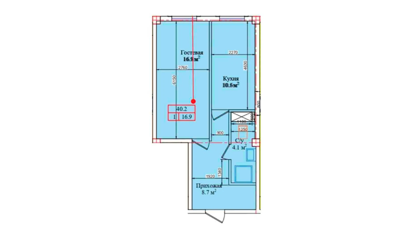 1-комнатная квартира 40.2 м²  1/1 этаж