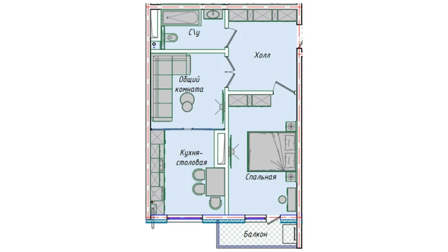 2-xonali xonadon 54.85 m²  16/16 qavat